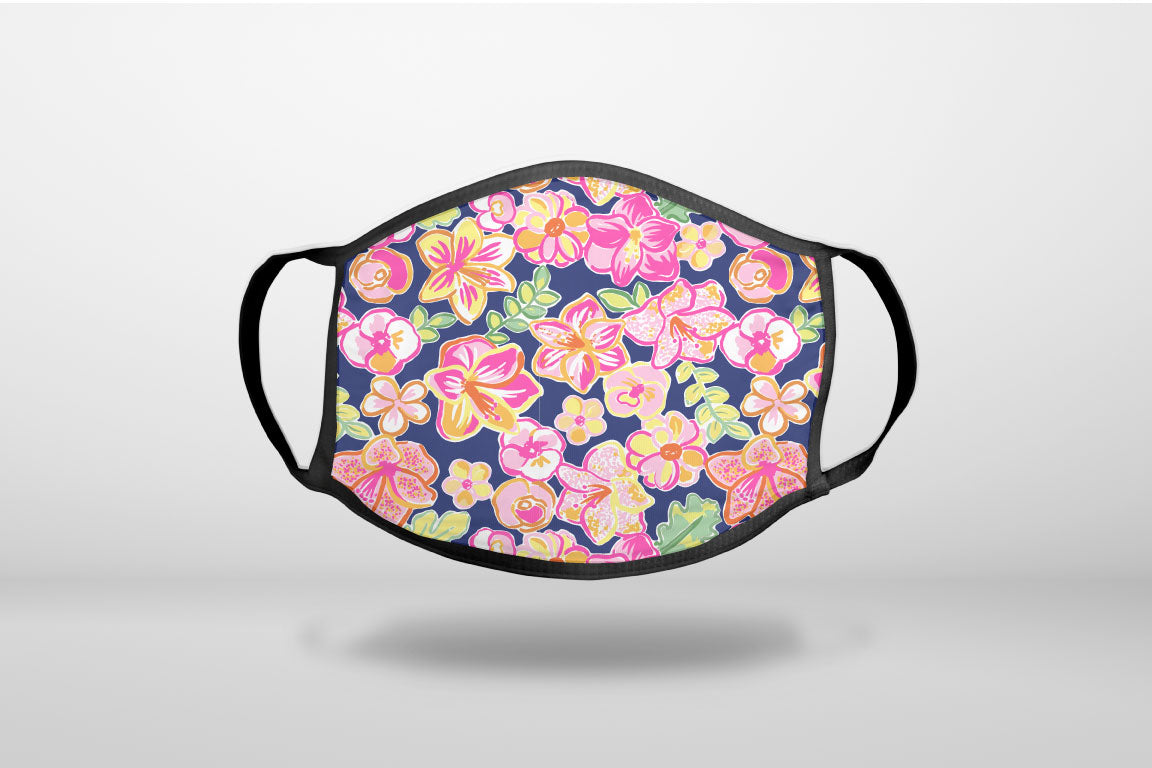 Preppy Pattern - Pink Green Navy Flowers Floral - 3-Ply Reusable Soft Face Mask Covering, Unisex, Cotton Inner Layer