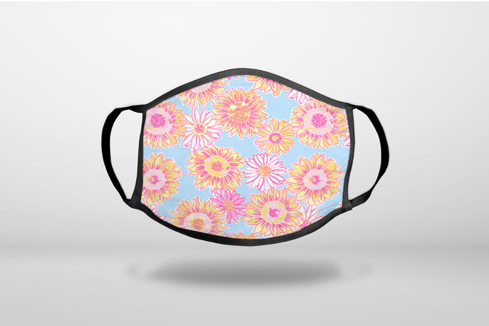 Preppy Pattern - Blue Pink Yellow Flowers Floral - 3-Ply Reusable Soft Face Mask Covering, Unisex, Cotton Inner Layer