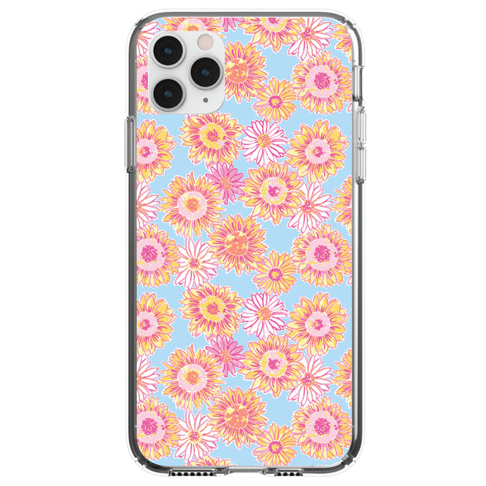 DistinctInk® Clear Shockproof Hybrid Case for Apple iPhone / Samsung Galaxy / Google Pixel - Preppy Pattern - Blue Pink Yellow Flowers Floral