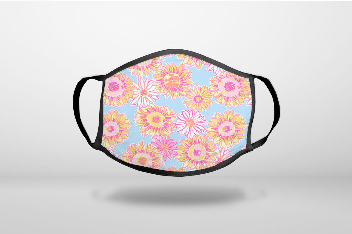 Preppy Pattern - Blue Pink Yellow Flowers Floral - 3-Ply Reusable Soft Face Mask Covering, Unisex, Cotton Inner Layer
