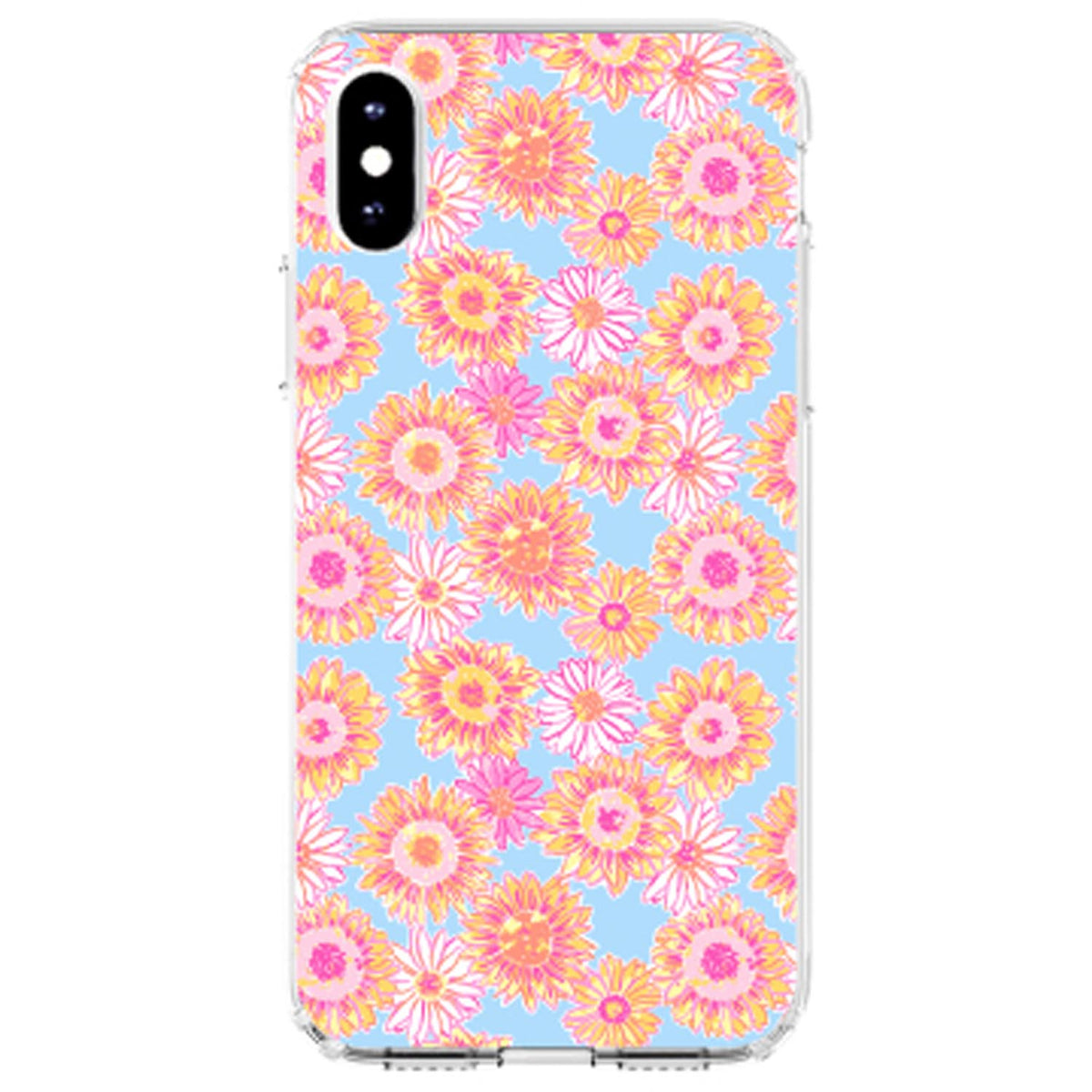 Preppy Pattern, Blue Pink Yellow Flowers Floral Clear Shockproof iPhone Case, view 4