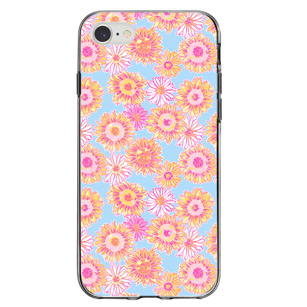 Preppy Pattern, Blue Pink Yellow Flowers Floral Clear Shockproof iPhone Case, view 5