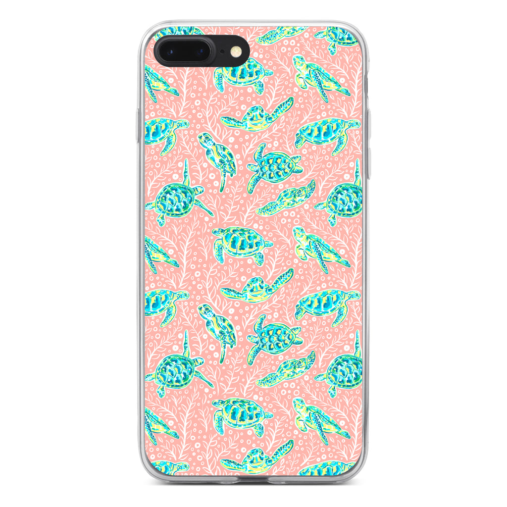 Preppy Pattern, Turtles on Pink Background Clear Shockproof iPhone Case, view 6