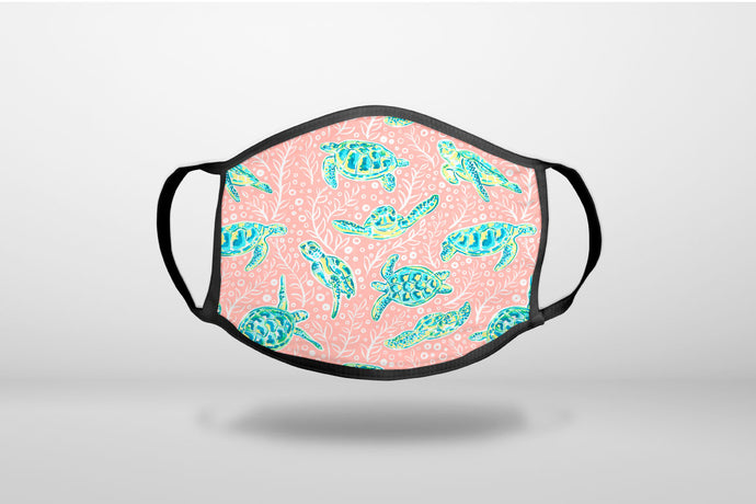 Preppy Pattern - Turtles on Pink Background - 3-Ply Reusable Soft Face Mask Covering, Unisex, Cotton Inner Layer