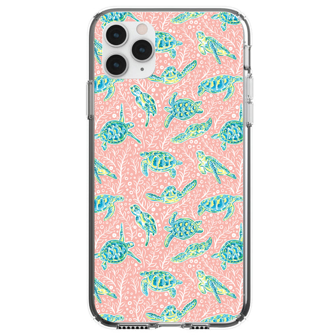 DistinctInk® Clear Shockproof Hybrid Case for Apple iPhone / Samsung Galaxy / Google Pixel - Preppy Pattern - Turtles on Pink Background