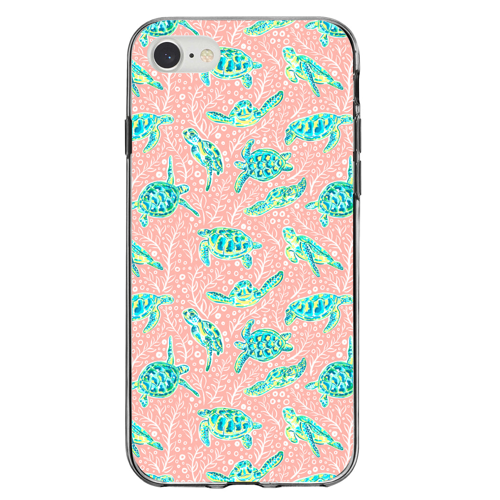 Preppy Pattern, Turtles on Pink Background Clear Shockproof iPhone Case, view 5