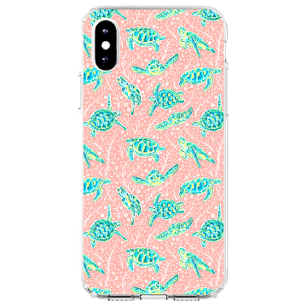 Preppy Pattern, Turtles on Pink Background Clear Shockproof iPhone Case, view 4