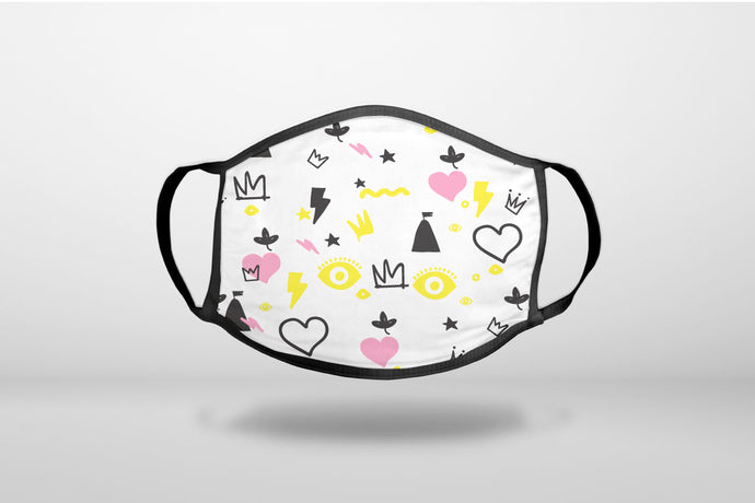 Girl Power - Crown Hearts Castle Pink Yellow - 3-Ply Reusable Soft Face Mask Covering, Unisex, Cotton Inner Layer