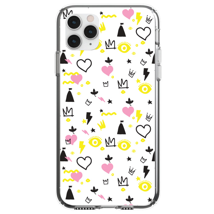 DistinctInk® Clear Shockproof Hybrid Case for Apple iPhone / Samsung Galaxy / Google Pixel - Girl Power - Crown Hearts Castle Pink Yellow