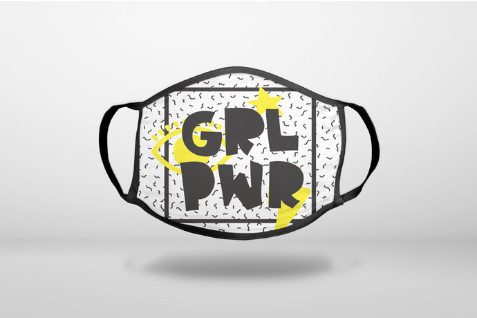 Girl Power - GRL PWR - Yellow & Black Box - 3-Ply Reusable Soft Face Mask Covering, Unisex, Cotton Inner Layer