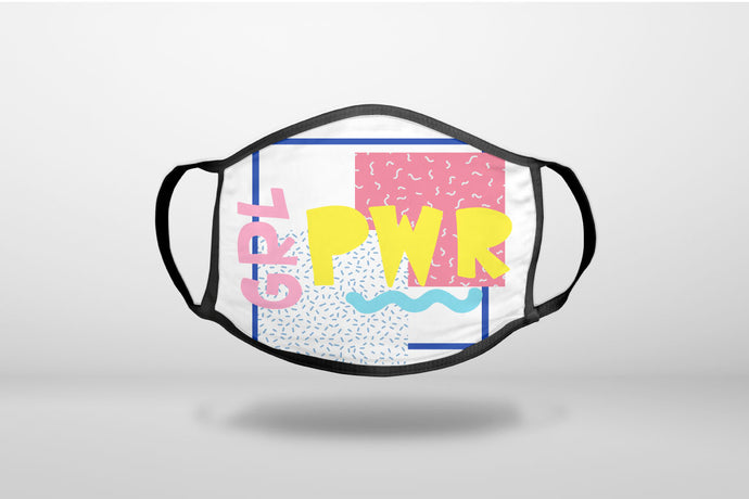 Girl Power - GRL PWR - Retro 80's Look - 3-Ply Reusable Soft Face Mask Covering, Unisex, Cotton Inner Layer