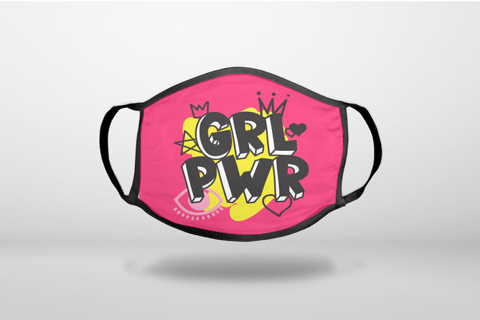 Girl Power - GRL PWR - Pink Yellow Black - 3-Ply Reusable Soft Face Mask Covering, Unisex, Cotton Inner Layer