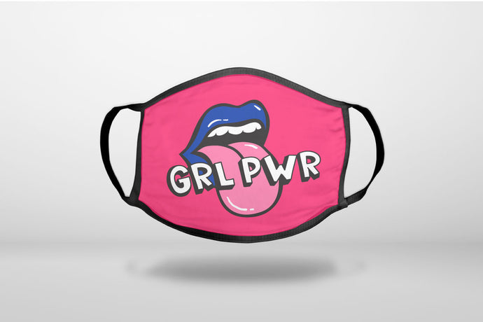 Girl Power - GRL PWR - Loud Mouth, Pink & Blue - 3-Ply Reusable Soft Face Mask Covering, Unisex, Cotton Inner Layer