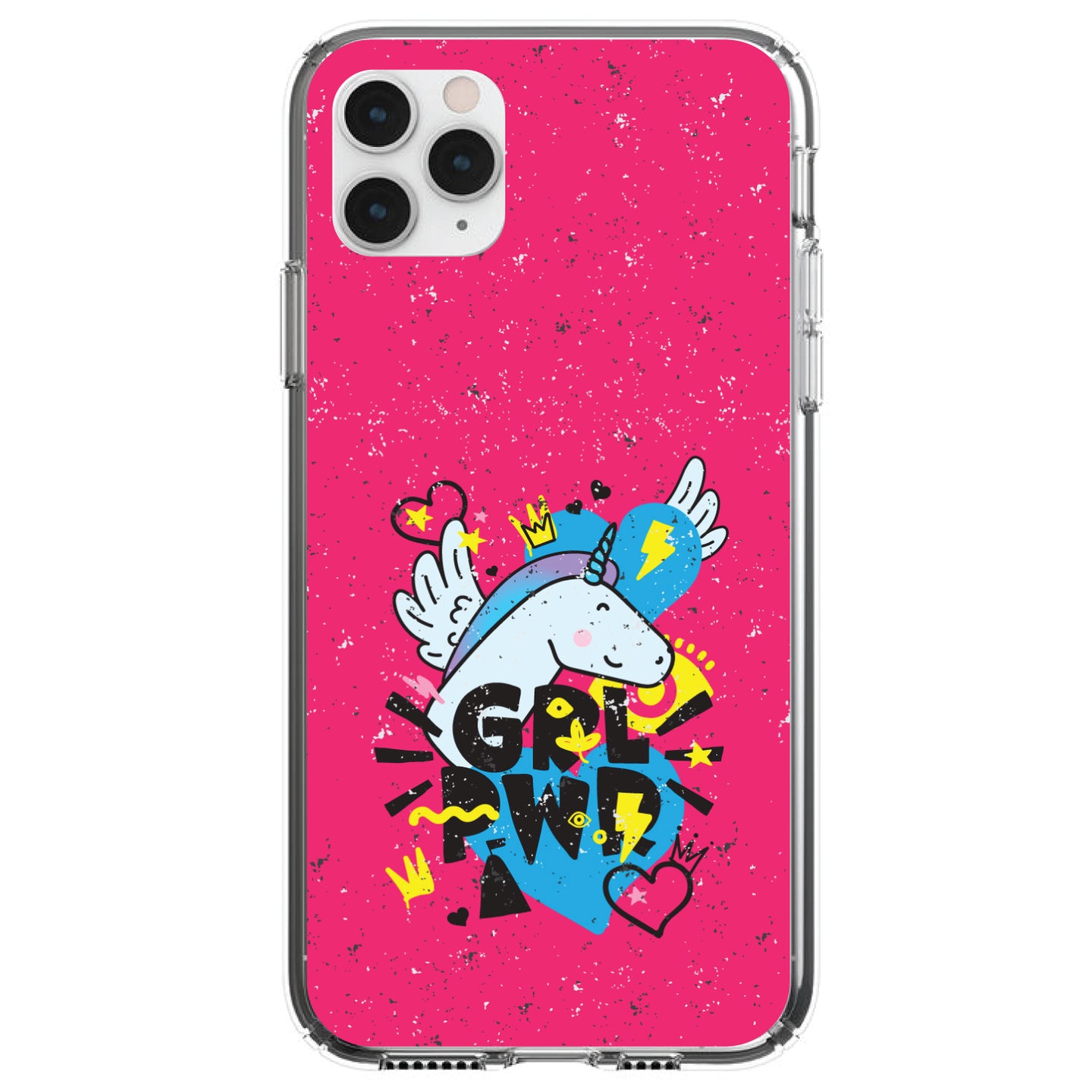 DistinctInk® Clear Shockproof Hybrid Case for Apple iPhone / Samsung Galaxy / Google Pixel - Girl Power - GRL PWR - Unicorn Hearts Graffiti