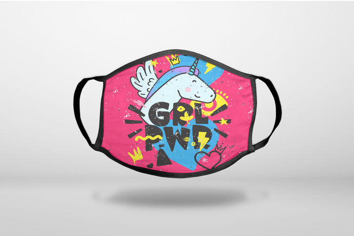 Girl Power - GRL PWR - Unicorn Hearts Graffiti - 3-Ply Reusable Soft Face Mask Covering, Unisex, Cotton Inner Layer