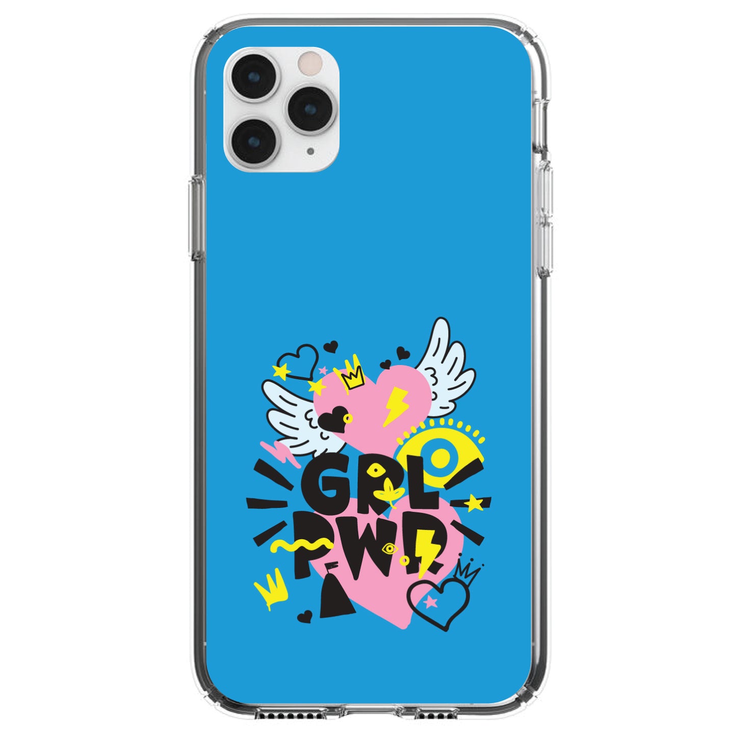 DistinctInk® Clear Shockproof Hybrid Case for Apple iPhone / Samsung Galaxy / Google Pixel - Girl Power - GRL PWR - Pink, Blue, Yellow