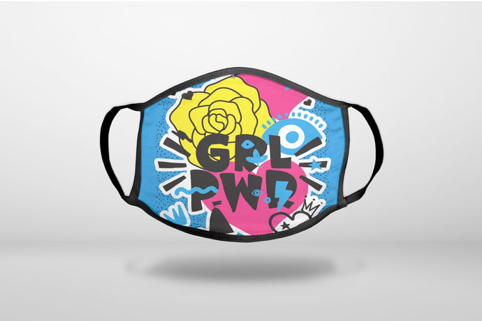 Girl Power - GRL PWR - Blue, Pink, Yellow - 3-Ply Reusable Soft Face Mask Covering, Unisex, Cotton Inner Layer