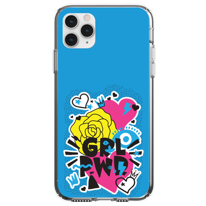 DistinctInk® Clear Shockproof Hybrid Case for Apple iPhone / Samsung Galaxy / Google Pixel - Girl Power - GRL PWR - Blue, Pink, Yellow