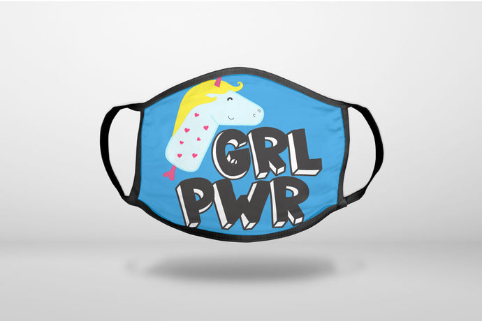 Girl Power - GRL PWR - Unicorn Blue Background - 3-Ply Reusable Soft Face Mask Covering, Unisex, Cotton Inner Layer