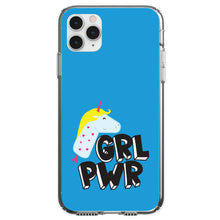 DistinctInk® Clear Shockproof Hybrid Case for Apple iPhone / Samsung Galaxy / Google Pixel - Girl Power - GRL PWR - Unicorn Blue Background