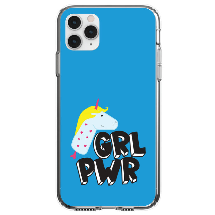 DistinctInk® Clear Shockproof Hybrid Case for Apple iPhone / Samsung Galaxy / Google Pixel - Girl Power - GRL PWR - Unicorn Blue Background