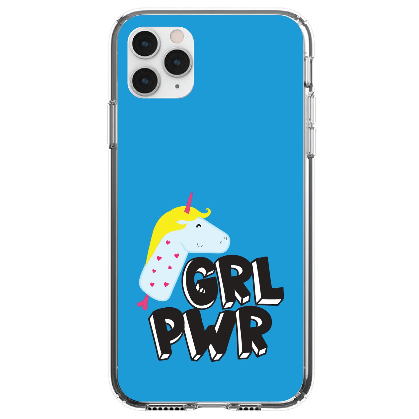 DistinctInk® Clear Shockproof Hybrid Case for Apple iPhone / Samsung Galaxy / Google Pixel - Girl Power - GRL PWR - Unicorn Blue Background