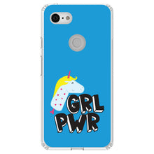 DistinctInk® Clear Shockproof Hybrid Case for Apple iPhone / Samsung Galaxy / Google Pixel - Girl Power - GRL PWR - Unicorn Blue Background