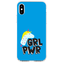 DistinctInk® Clear Shockproof Hybrid Case for Apple iPhone / Samsung Galaxy / Google Pixel - Girl Power - GRL PWR - Unicorn Blue Background
