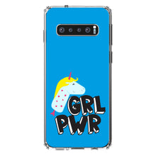 DistinctInk® Clear Shockproof Hybrid Case for Apple iPhone / Samsung Galaxy / Google Pixel - Girl Power - GRL PWR - Unicorn Blue Background