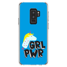 DistinctInk® Clear Shockproof Hybrid Case for Apple iPhone / Samsung Galaxy / Google Pixel - Girl Power - GRL PWR - Unicorn Blue Background