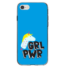 DistinctInk® Clear Shockproof Hybrid Case for Apple iPhone / Samsung Galaxy / Google Pixel - Girl Power - GRL PWR - Unicorn Blue Background