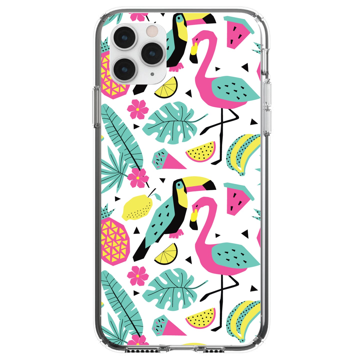 DistinctInk® Clear Shockproof Hybrid Case for Apple iPhone / Samsung Galaxy / Google Pixel - Summer Graphics - Flamingo Toucan Pineapple