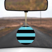 DistinctInk® Hanging Ceramic Christmas Tree Ornament with Gold String - Great Gift / Present - 2 3/4 inch Diameter - Black & Cyan Bold Horizontal Stripes