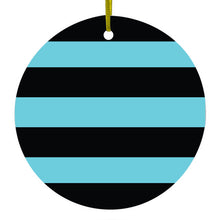 DistinctInk® Hanging Ceramic Christmas Tree Ornament with Gold String - Great Gift / Present - 2 3/4 inch Diameter - Black & Cyan Bold Horizontal Stripes