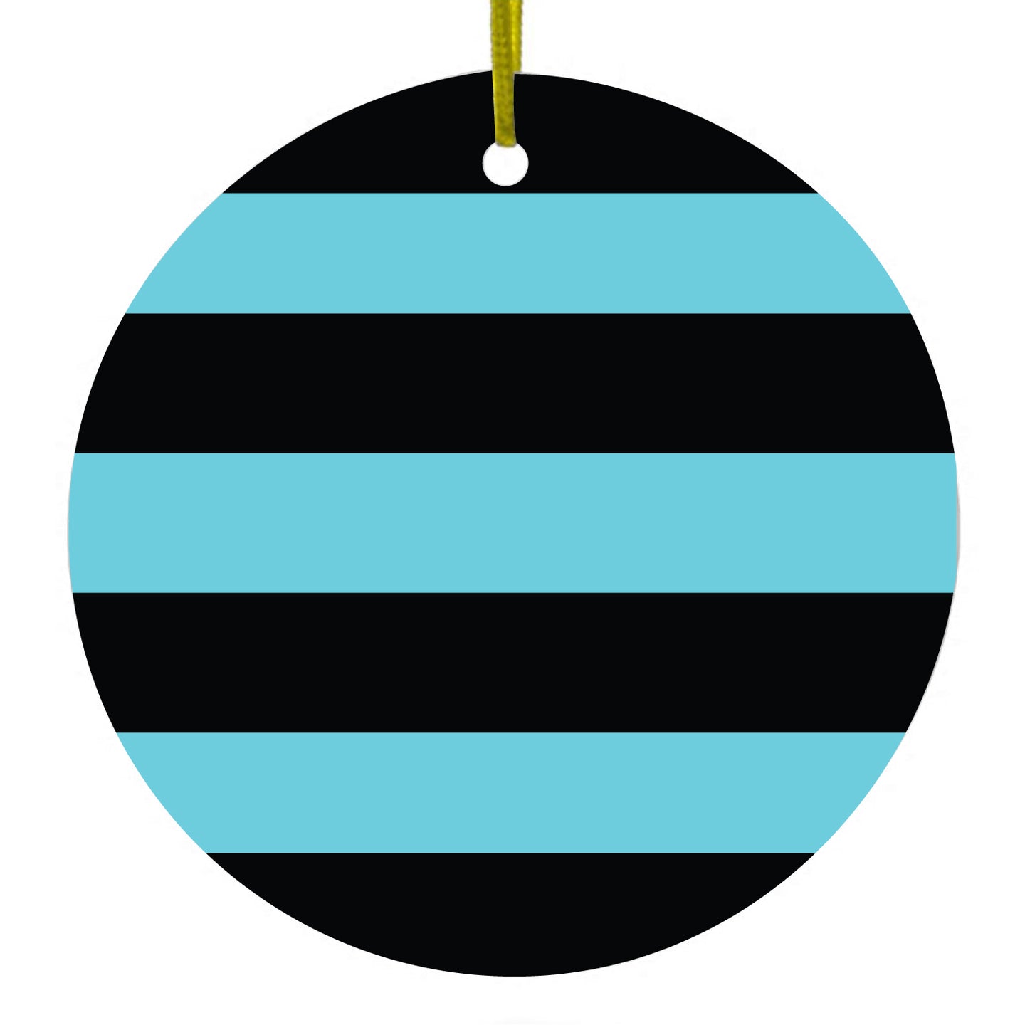 DistinctInk® Hanging Ceramic Christmas Tree Ornament with Gold String - Great Gift / Present - 2 3/4 inch Diameter - Black & Cyan Bold Horizontal Stripes