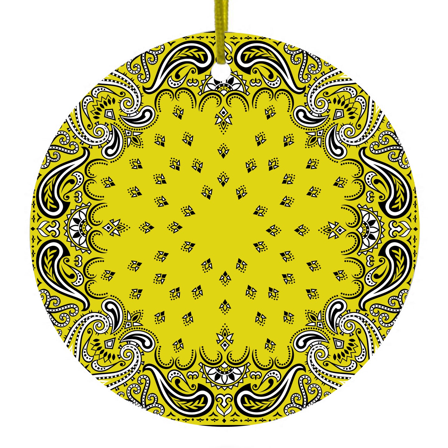 DistinctInk® Hanging Ceramic Christmas Tree Ornament with Gold String - Great Gift / Present - 2 3/4 inch Diameter - Bandana Print - Yellow,  Black, White