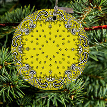 DistinctInk® Hanging Ceramic Christmas Tree Ornament with Gold String - Great Gift / Present - 2 3/4 inch Diameter - Bandana Print - Yellow,  Black, White