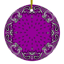 DistinctInk® Hanging Ceramic Christmas Tree Ornament with Gold String - Great Gift / Present - 2 3/4 inch Diameter - Bandana Print - Purple,  Black, White