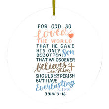 DistinctInk® Hanging Ceramic Christmas Tree Ornament with Gold String - Great Gift / Present - 2 3/4 inch Diameter - John 3:16 - For God So Loved The World