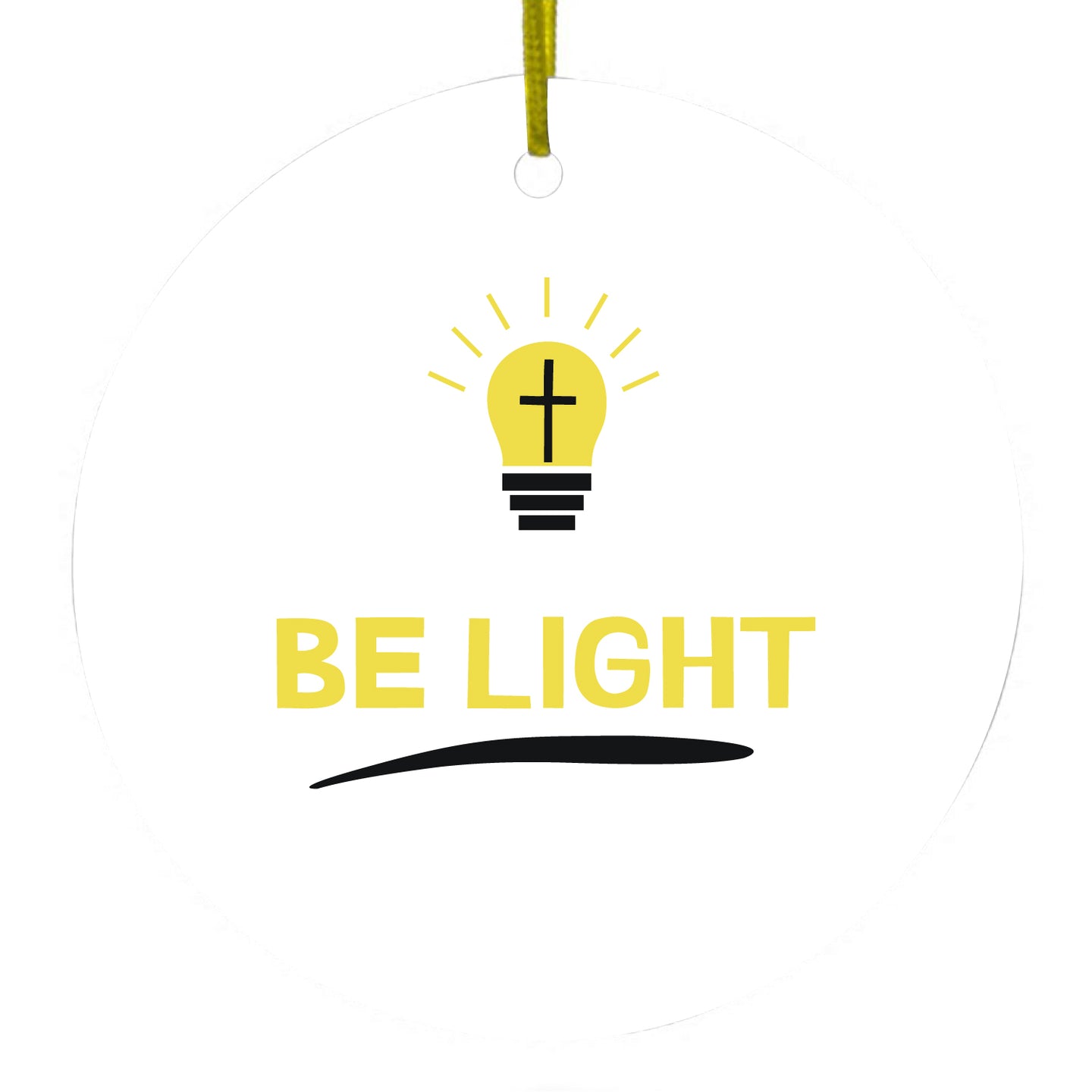 DistinctInk® Hanging Ceramic Christmas Tree Ornament with Gold String - Great Gift / Present - 2 3/4 inch Diameter - BE LIGHT - Cross in a Light Bulb