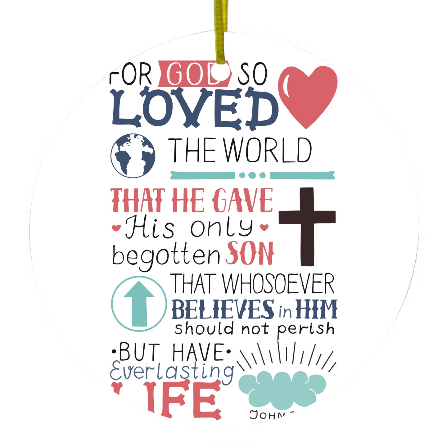 DistinctInk® Hanging Ceramic Christmas Tree Ornament with Gold String - Great Gift / Present - 2 3/4 inch Diameter - John 3:16 - Pink Teal - For God So Loved The World