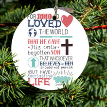DistinctInk® Hanging Ceramic Christmas Tree Ornament with Gold String - Great Gift / Present - 2 3/4 inch Diameter - John 3:16 - Pink Teal - For God So Loved The World