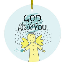 DistinctInk® Hanging Ceramic Christmas Tree Ornament with Gold String - Great Gift / Present - 2 3/4 inch Diameter - God Bless You - Angel - Yellow Teal