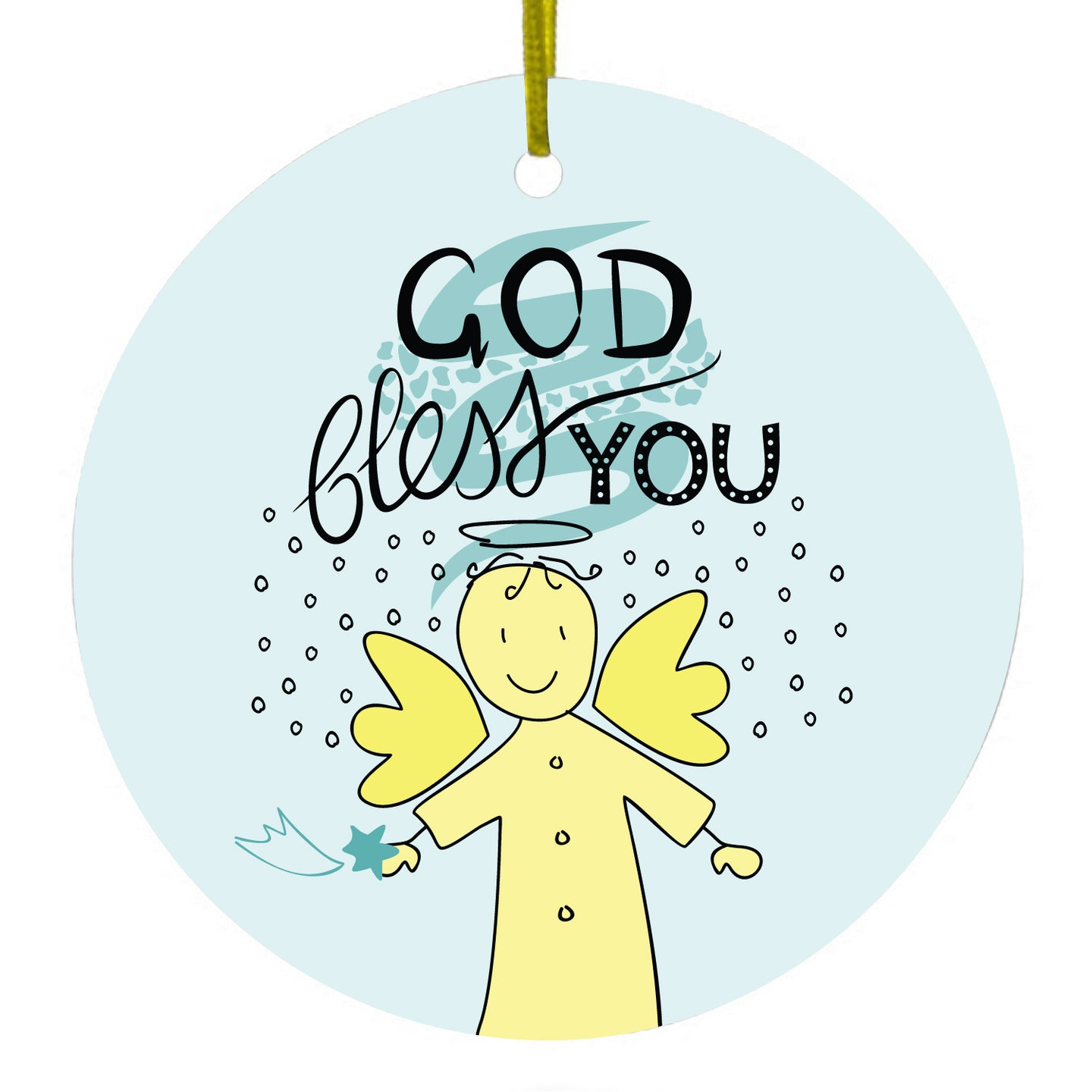 DistinctInk® Hanging Ceramic Christmas Tree Ornament with Gold String - Great Gift / Present - 2 3/4 inch Diameter - God Bless You - Angel - Yellow Teal