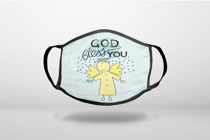 God Bless You - Angel - Yellow Teal - 3-Ply Reusable Soft Face Mask Covering, Unisex, Cotton Inner Layer