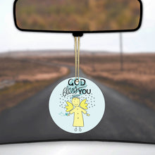 DistinctInk® Hanging Ceramic Christmas Tree Ornament with Gold String - Great Gift / Present - 2 3/4 inch Diameter - God Bless You - Angel - Yellow Teal