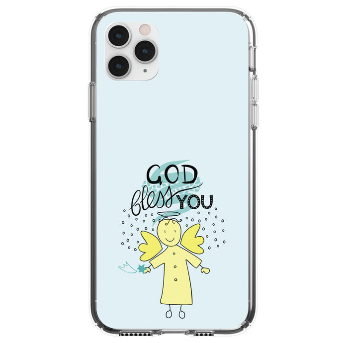 DistinctInk® Clear Shockproof Hybrid Case for Apple iPhone / Samsung Galaxy / Google Pixel - God Bless You - Angel - Yellow Teal