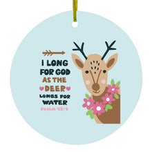 DistinctInk® Hanging Ceramic Christmas Tree Ornament with Gold String - Great Gift / Present - 2 3/4 inch Diameter - Psalm 42:1 - Long for God as the Deer Water