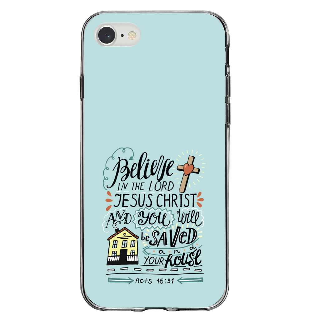 Acts 16:31, Believe in the Lord Jesus Christ Clear Shockproof iPhone Case, view 5