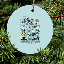 DistinctInk® Hanging Ceramic Christmas Tree Ornament with Gold String - Great Gift / Present - 2 3/4 inch Diameter - Acts 16:31 - Believe in the Lord Jesus Christ